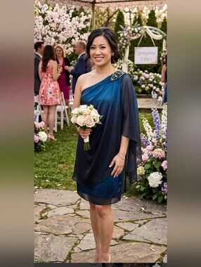 One-Shoulder Navy Blue Cocktail Dress with Sheer Capelet